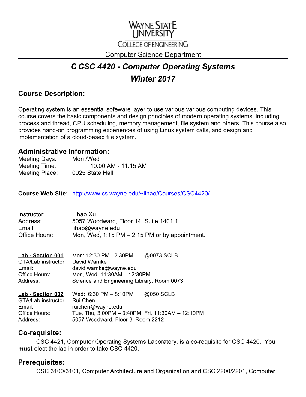 CCSC 4420 - Computer Operating Systems