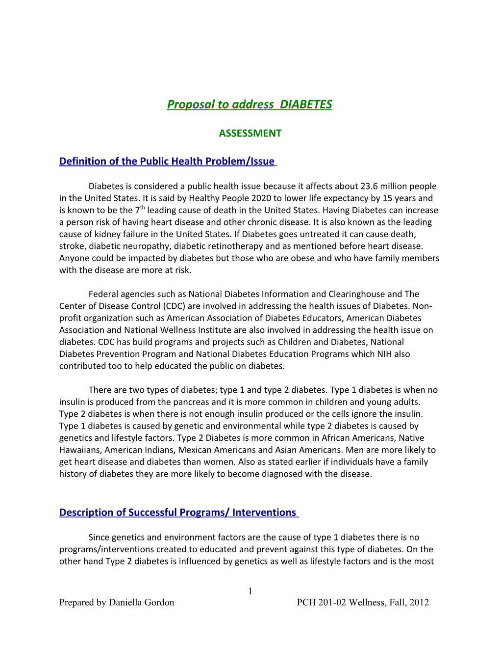 Proposal to Address DIABETES