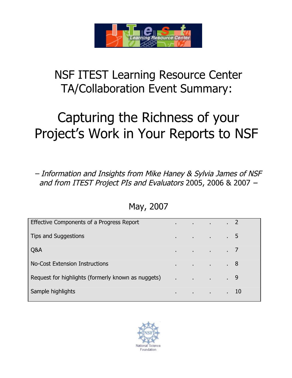 Summary 5 24 05 NSF ITEST Reports Event 1
