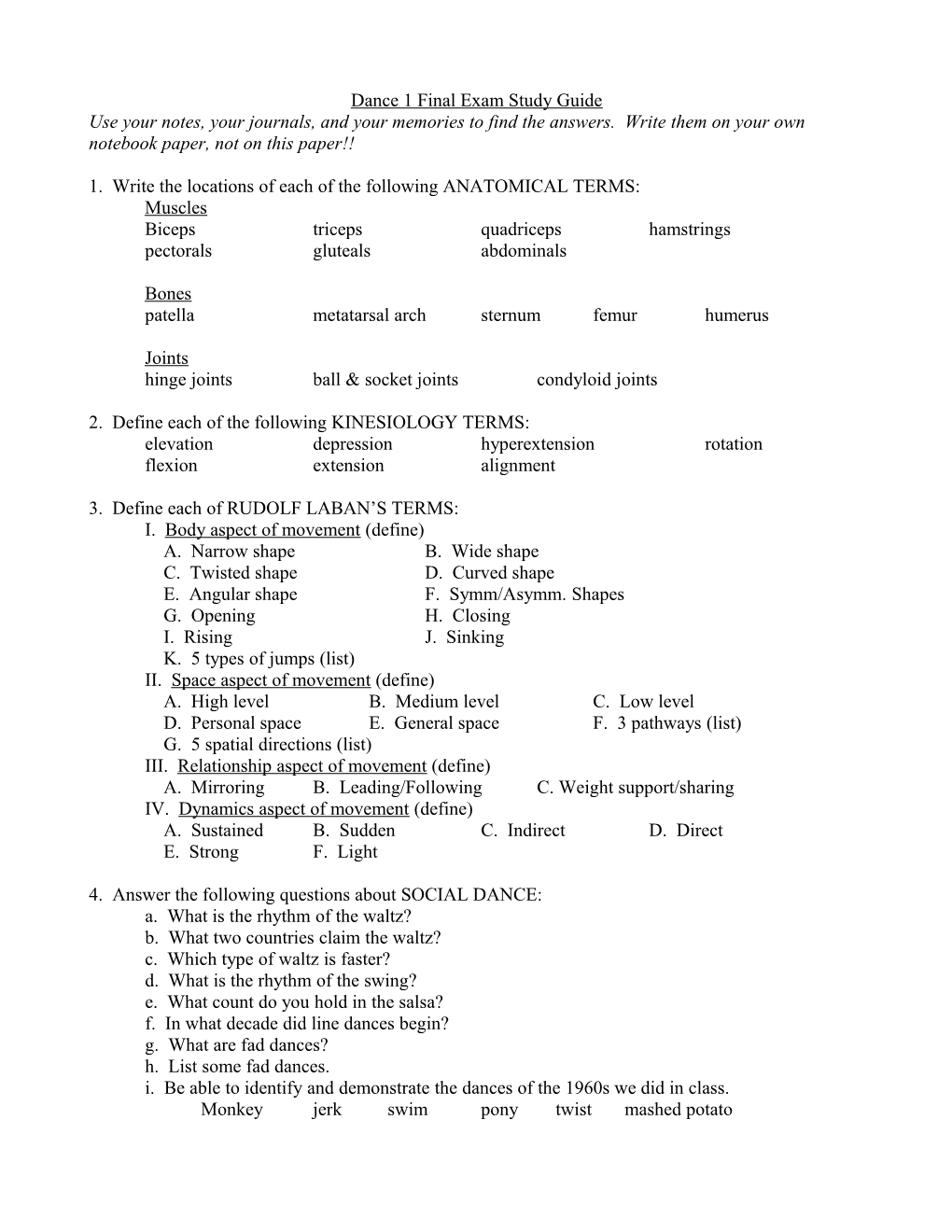 Dance 1 Final Exam Study Guide