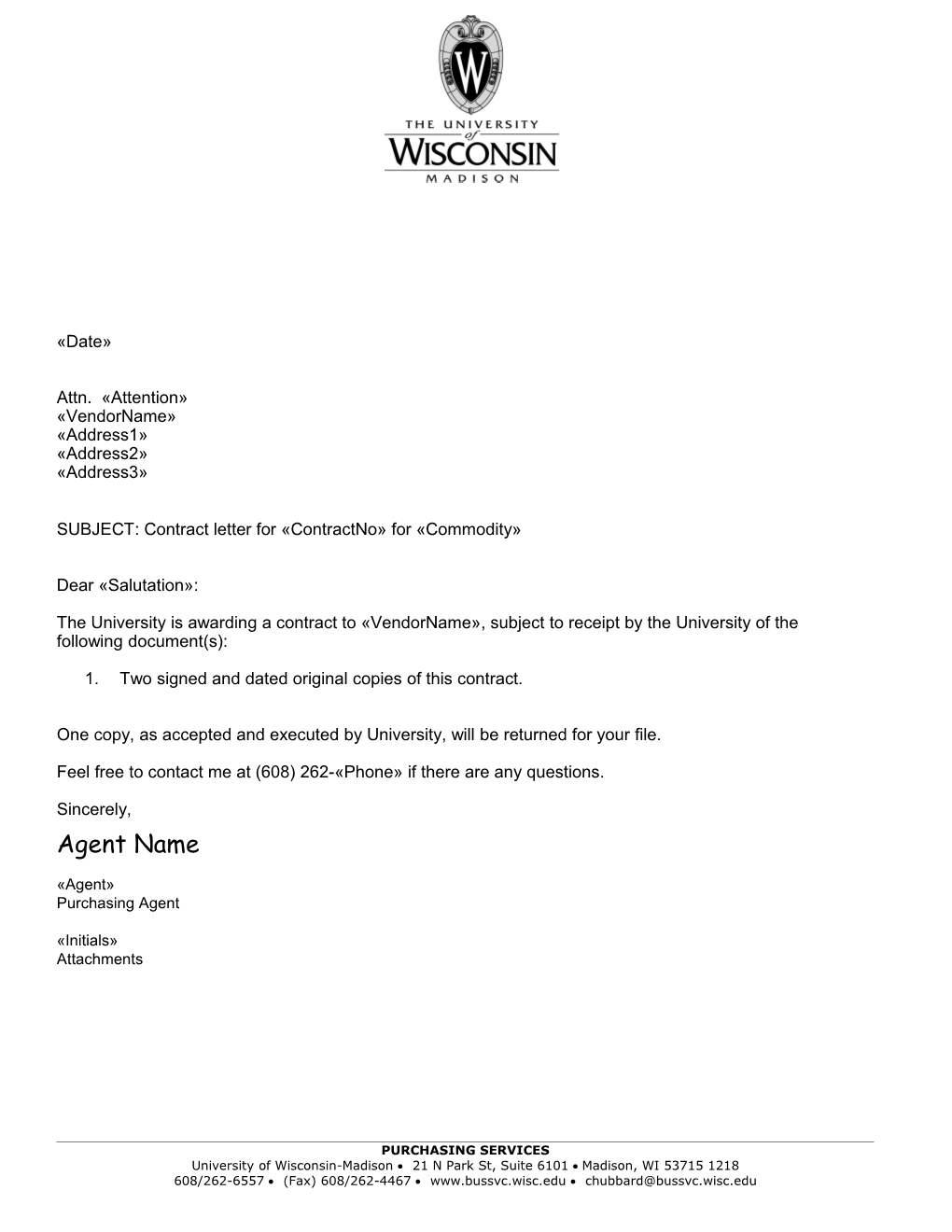 SUBJECT: Contract Letter for Contractno for Commodity
