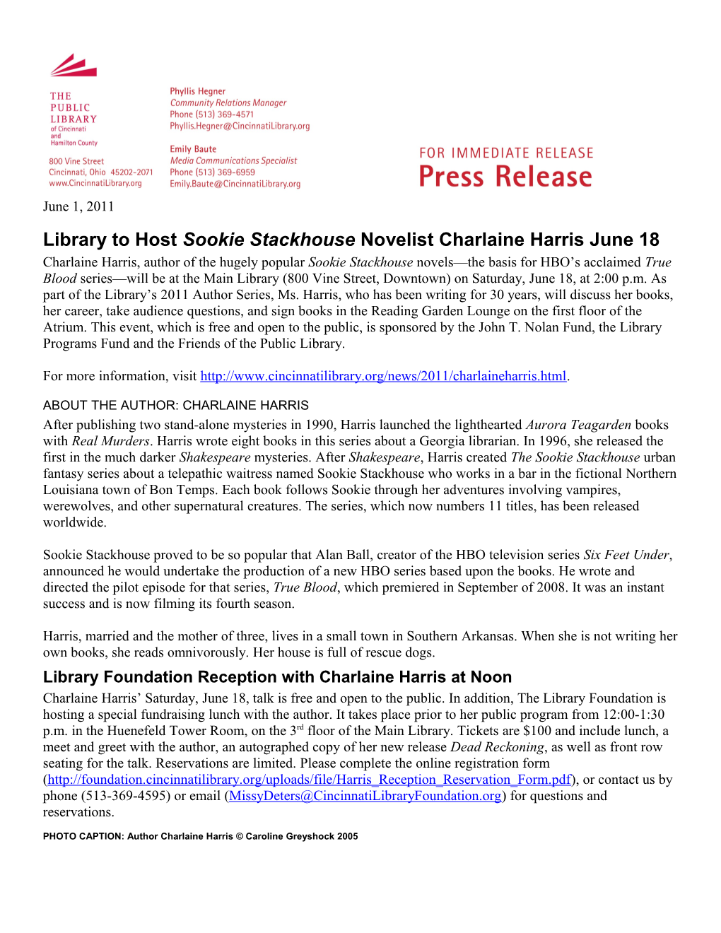 Library to Host Sookie Stackhouse Novelist Charlaine Harris June 18