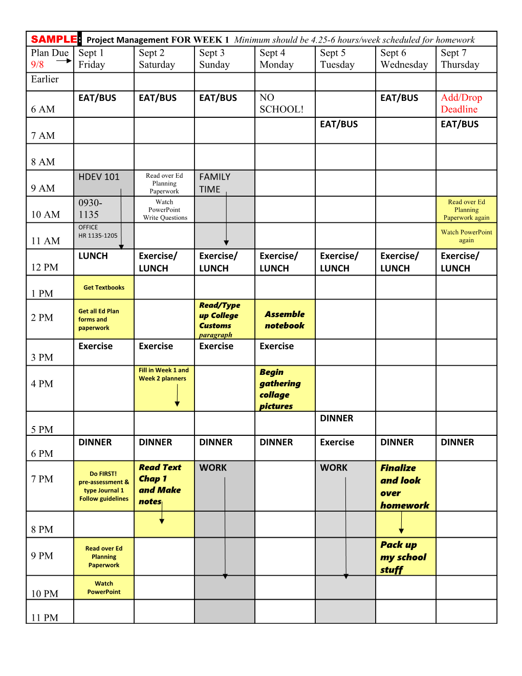 SAMPLE: Project Management for WEEK 1 Minimum Should Be 18-20 Hours/Week Scheduled for Homework