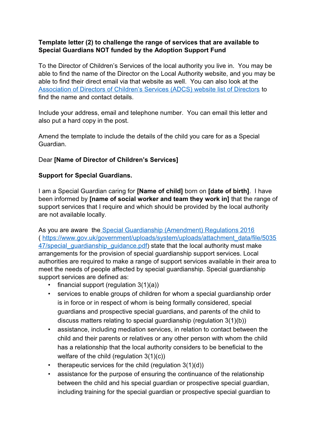 Template Letter (2) to Challenge the Range of Services That Are Available to Special Guardians