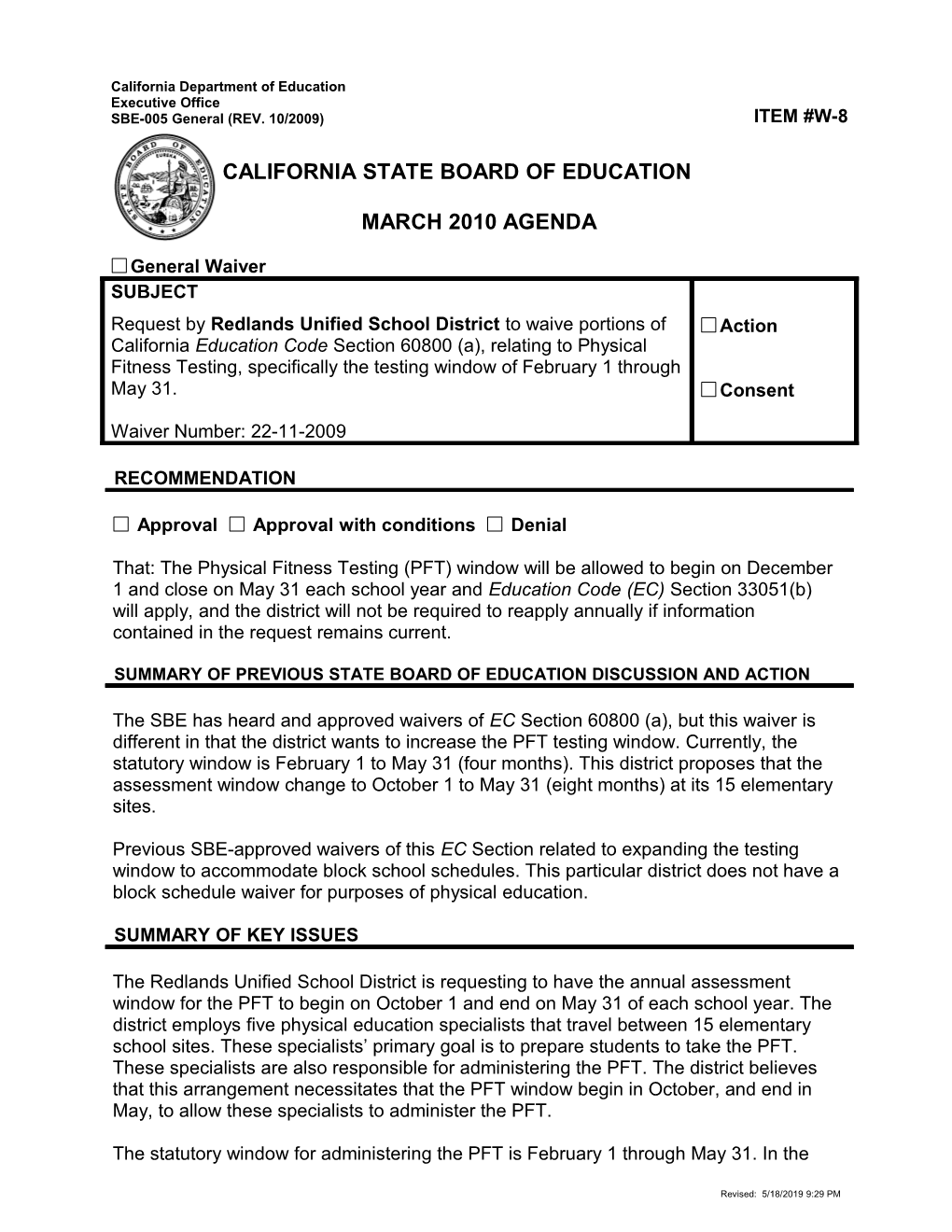 March 2010 Waiver Item W8 - Meeting Agendas (CA State Board of Education)