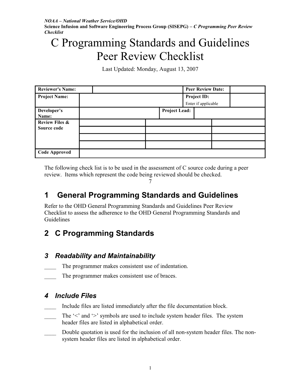 C Programming Standards and Guidelines Peer Review Check List