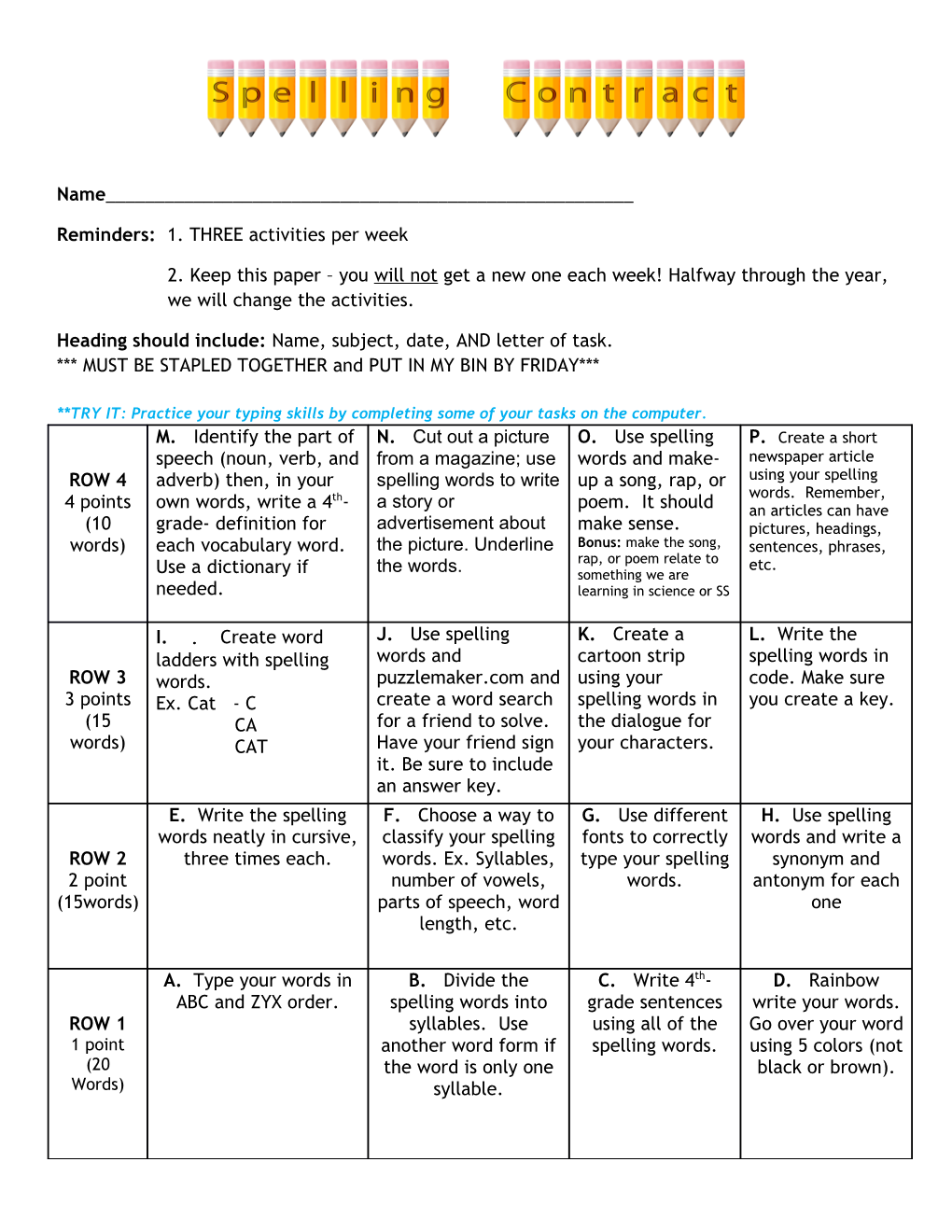 Reminders: 1. THREE Activities Per Week