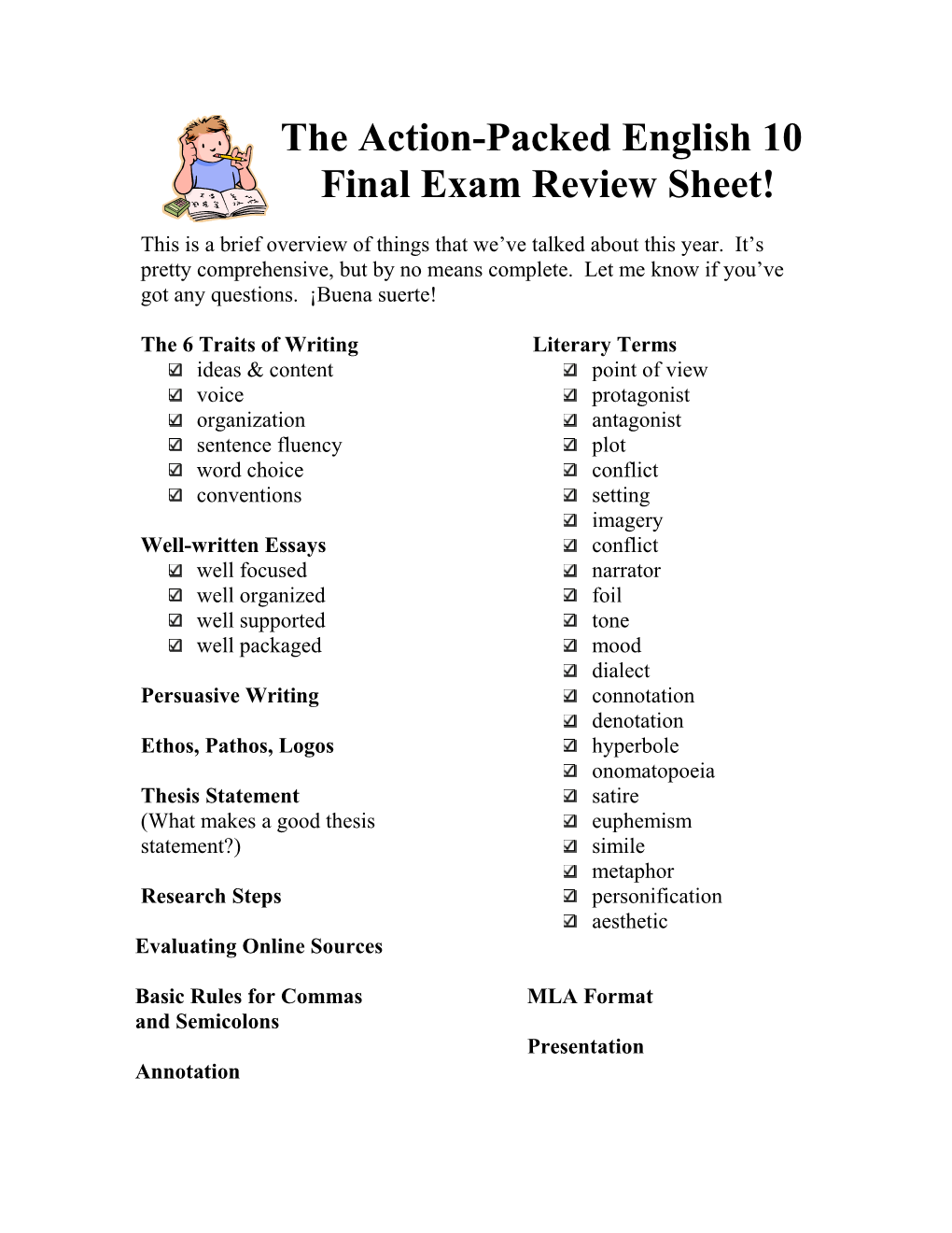 The Action-Packed English 10 Final Exam Review Sheet