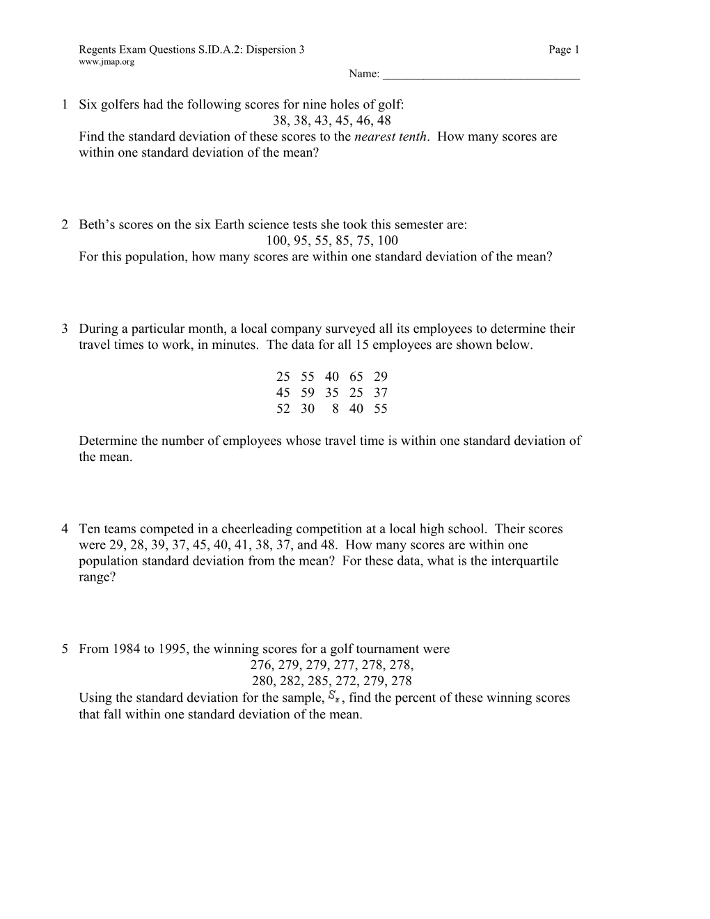 Regents Exam Questions S.ID.A.2: Dispersion 3Page 1