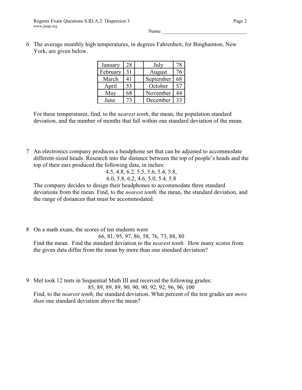 Regents Exam Questions S.ID.A.2: Dispersion 3Page 1