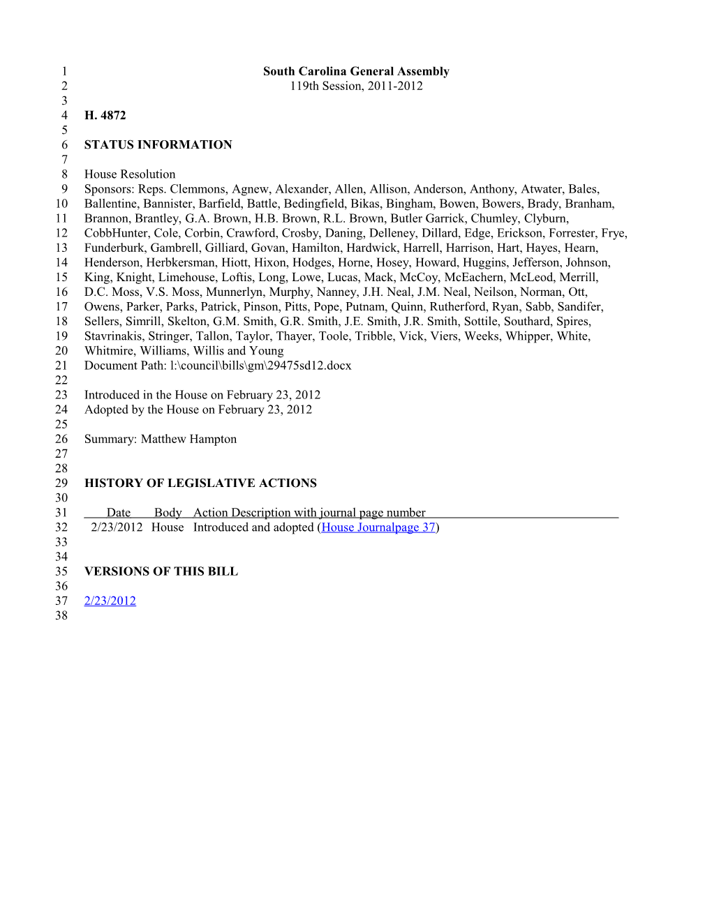 2011-2012 Bill 4872: Matthew Hampton - South Carolina Legislature Online