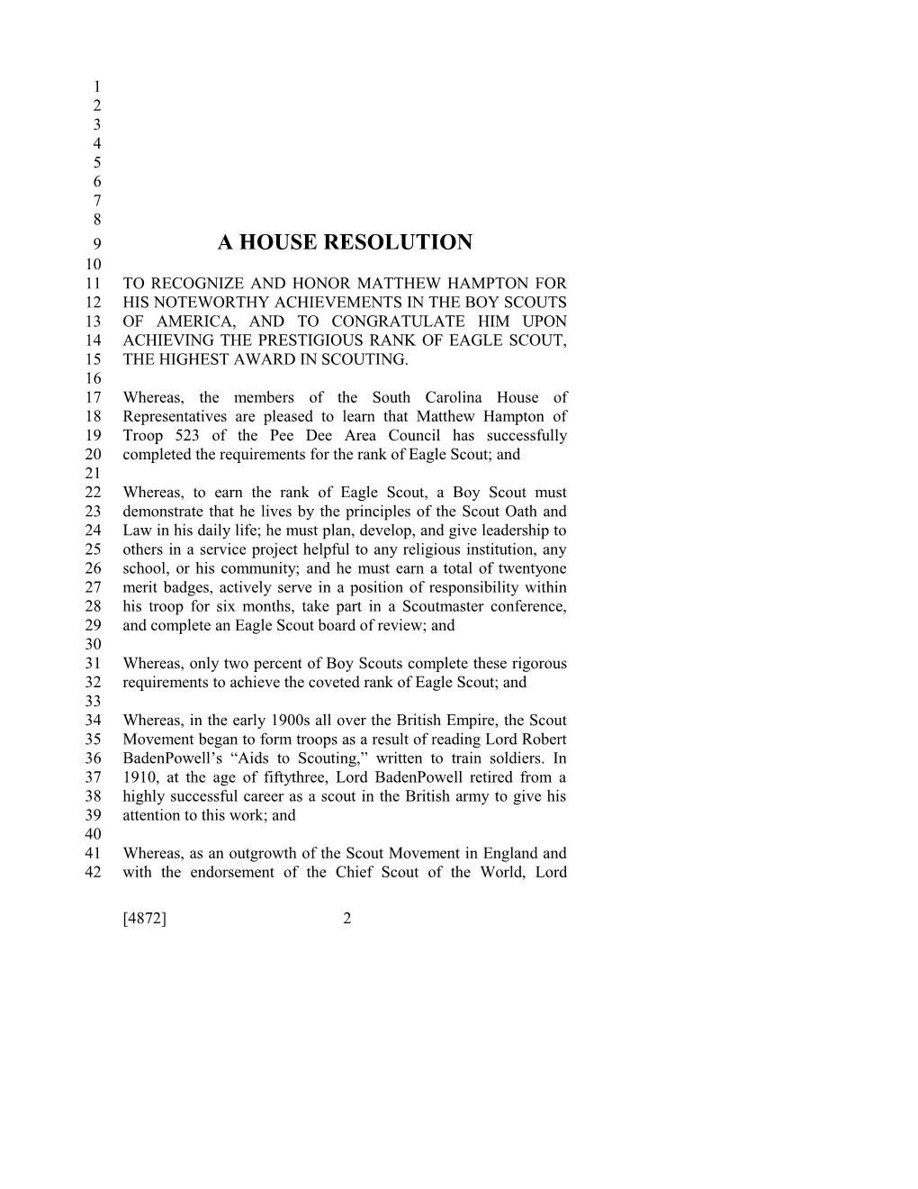 2011-2012 Bill 4872: Matthew Hampton - South Carolina Legislature Online