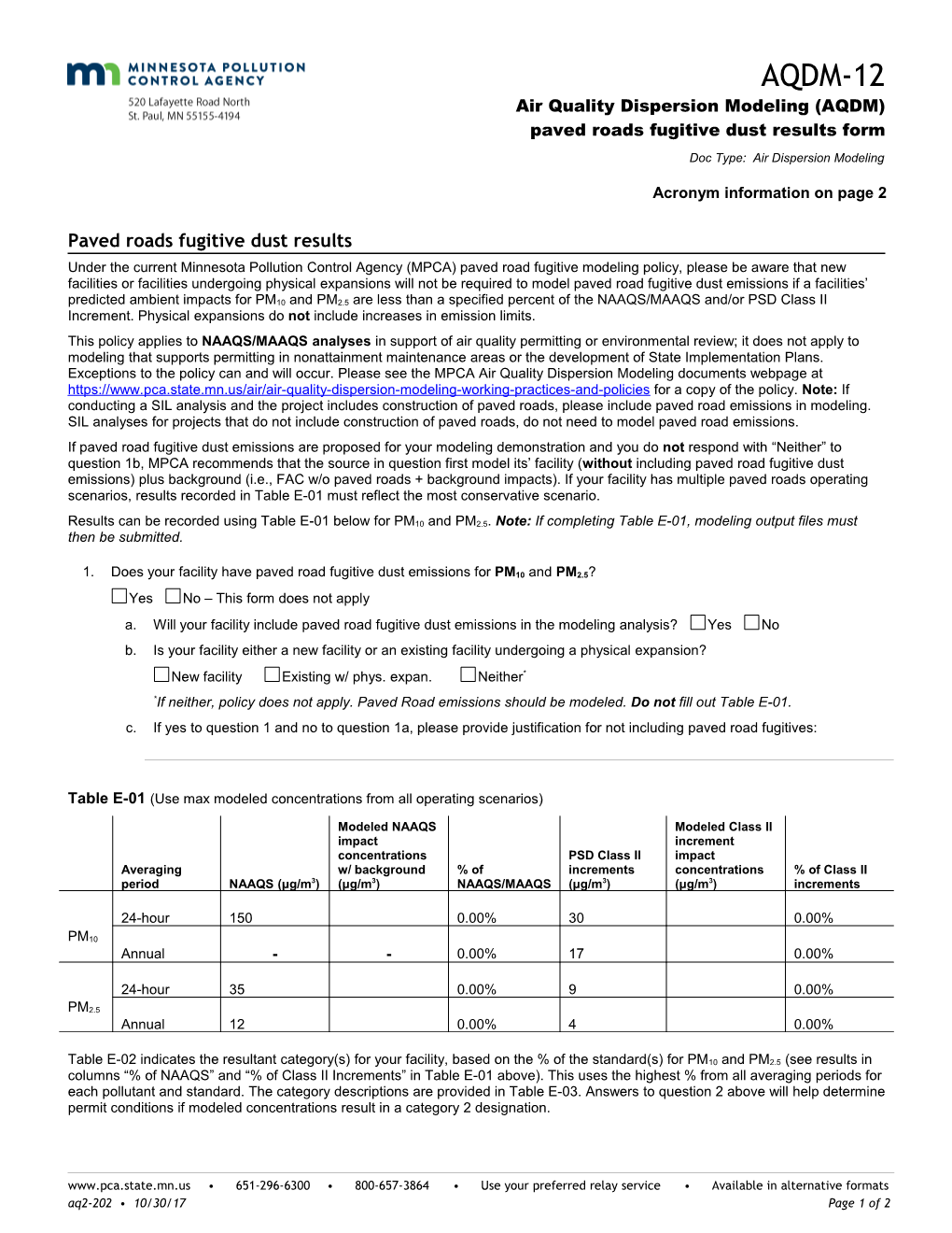 AQDM-12 Air Quality Dispersion Modeling Paved Roads Fugitive Dust Results Form