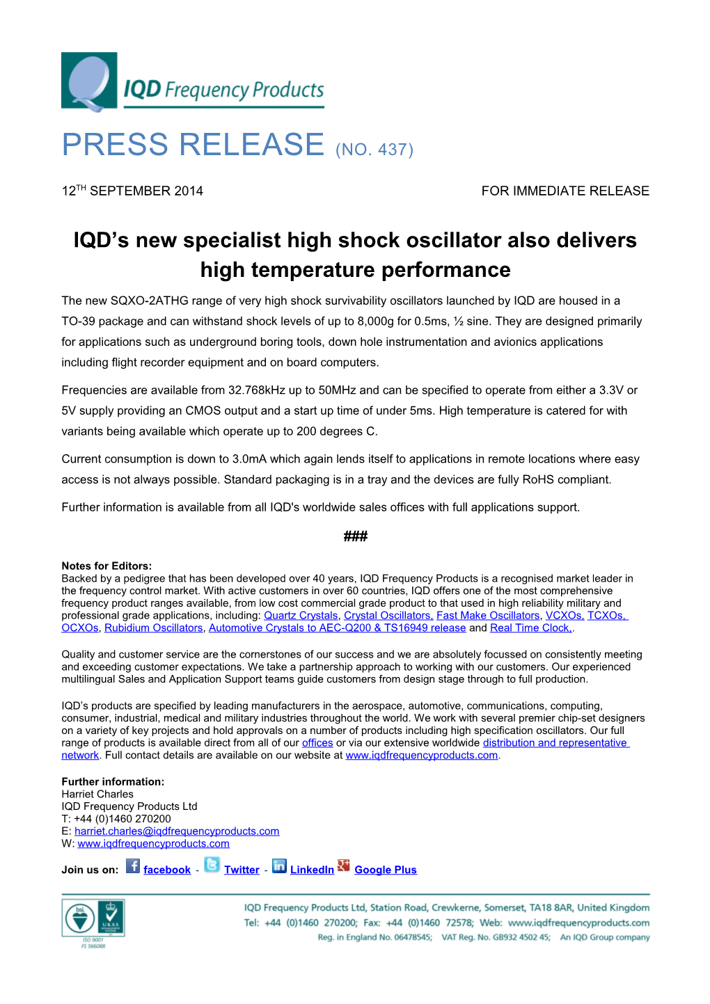 IQD S New Specialist High Shock Oscillator Also Delivers High Temperature Performance