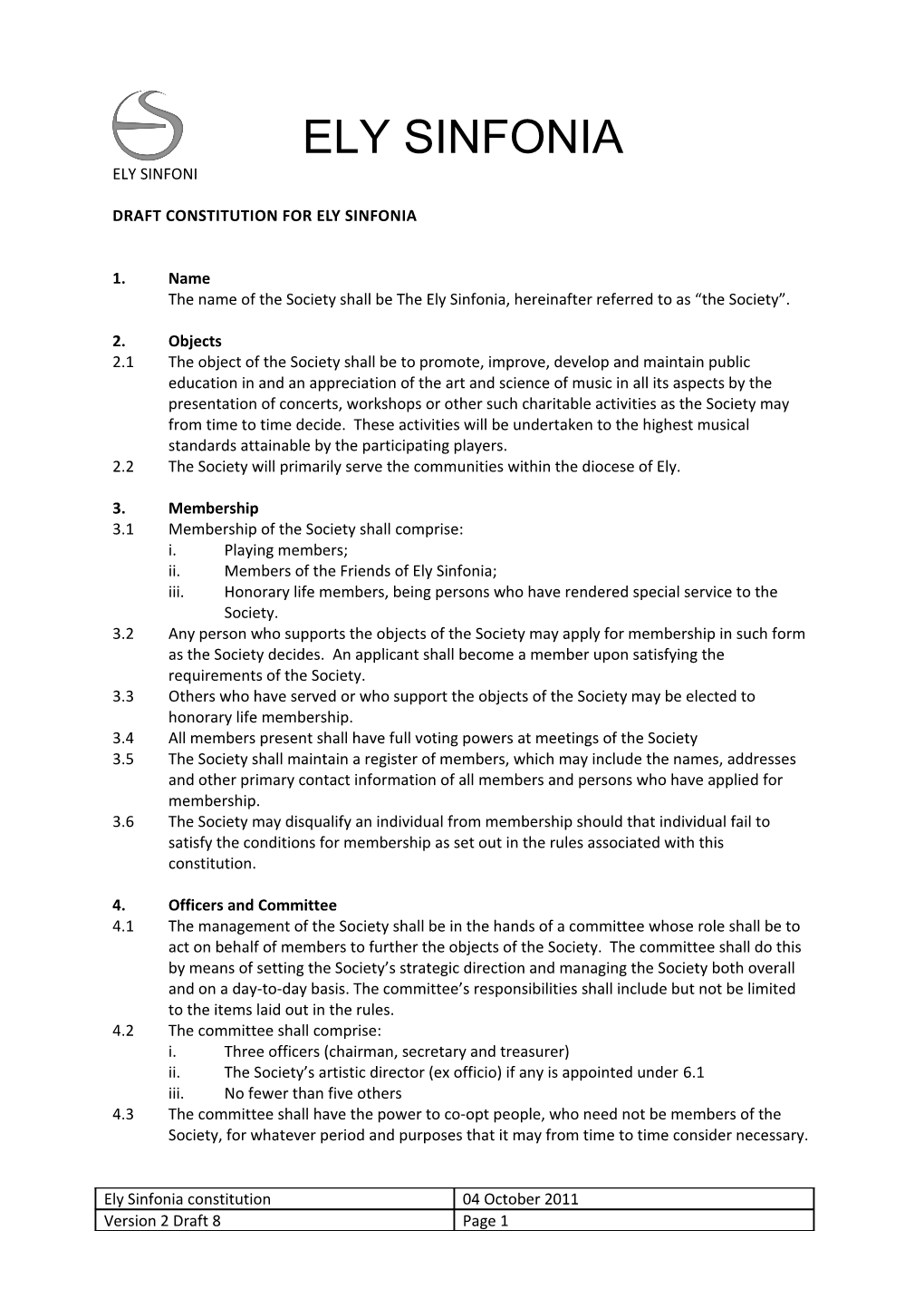 Draft Constitution for Ely Sinfonia