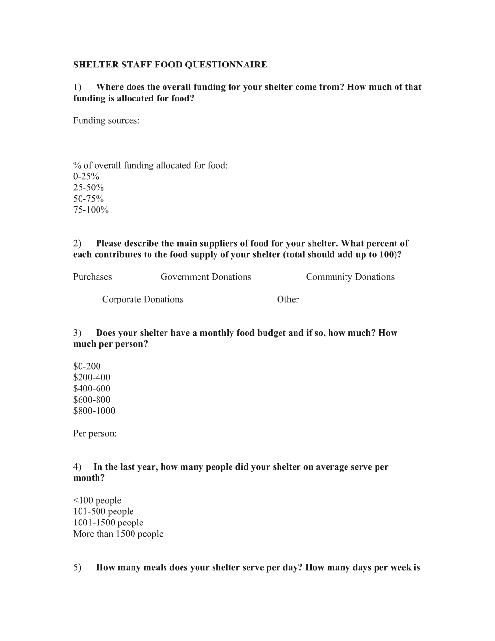 Shelter Staff Food Questionnaire
