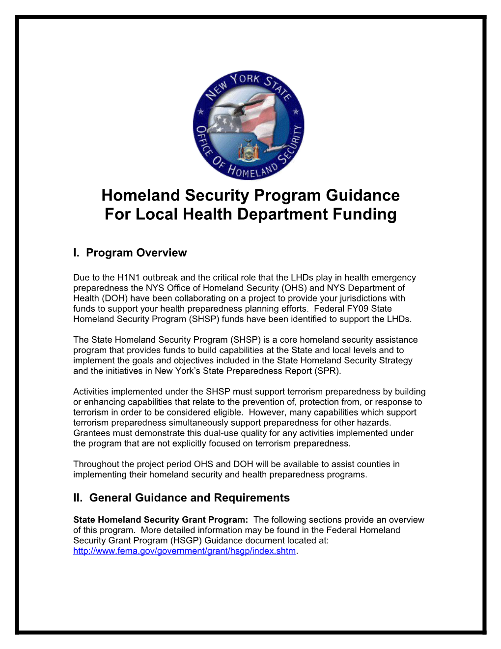 Homeland Security Program Guidance