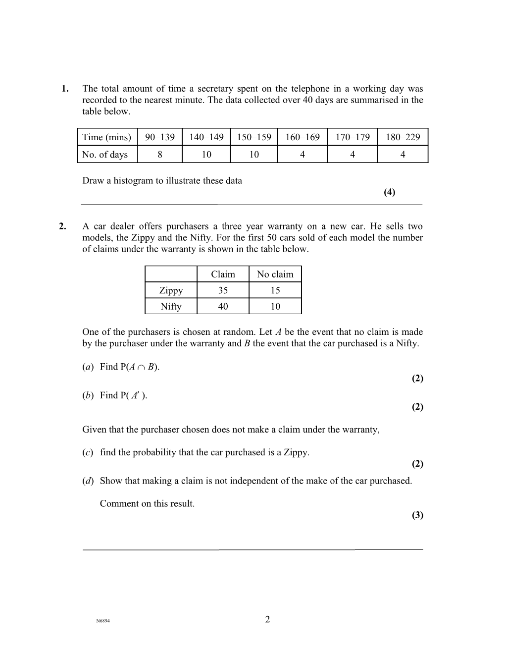 January 2003 - 6683 Statistics S1 - Question Paper