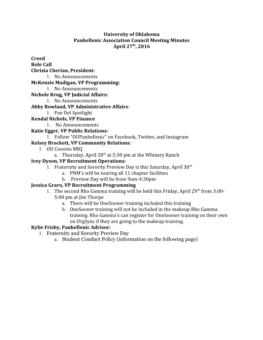 Panhellenic Association Council Meeting Minutes