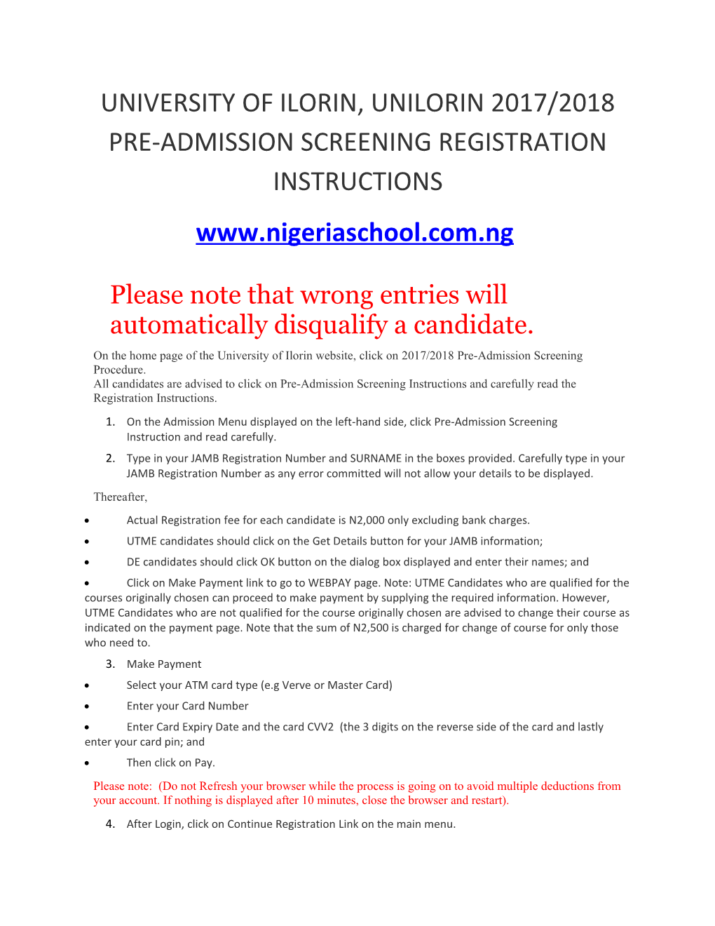 University of Ilorin, Unilorin 2017/2018 Pre-Admission Screening Registration Instructions
