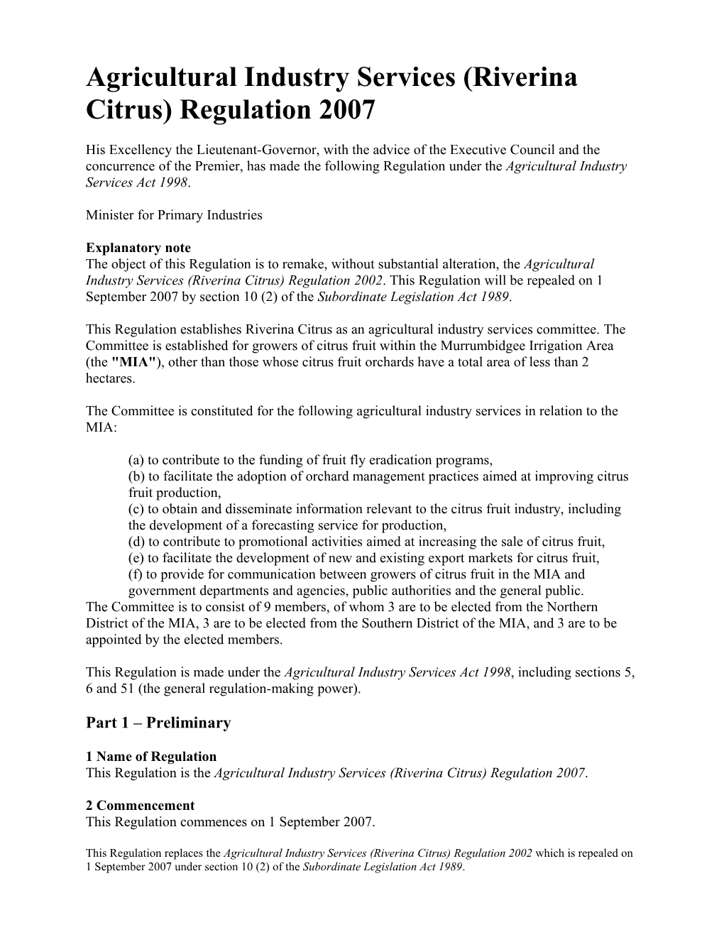 Agricultural Industry Services (Riverina Citrus) Regulation 2007