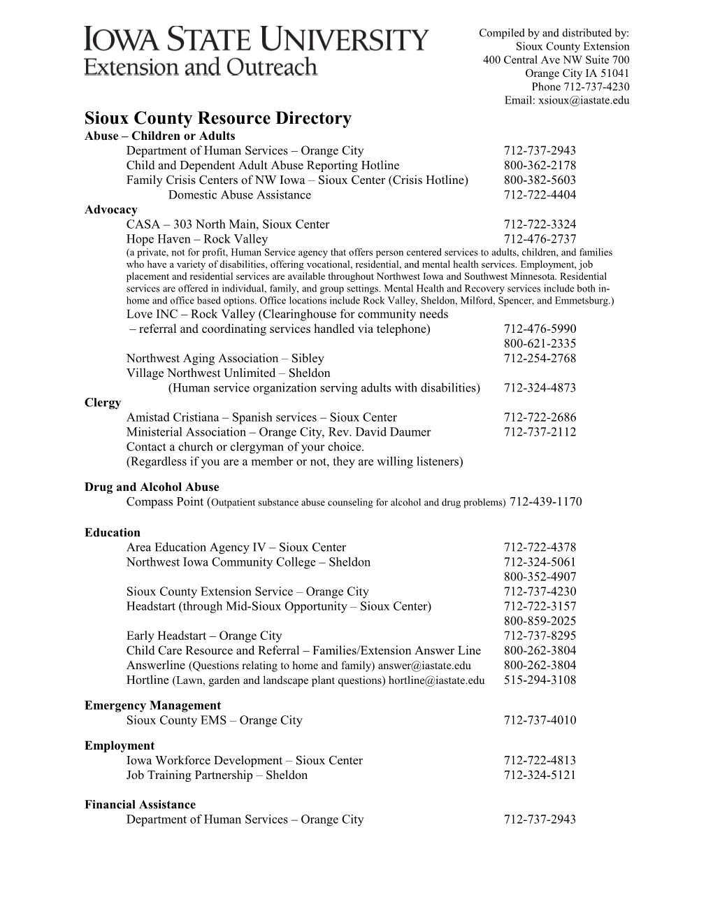 Sioux County Resource Directory Compiled by and Distributed By