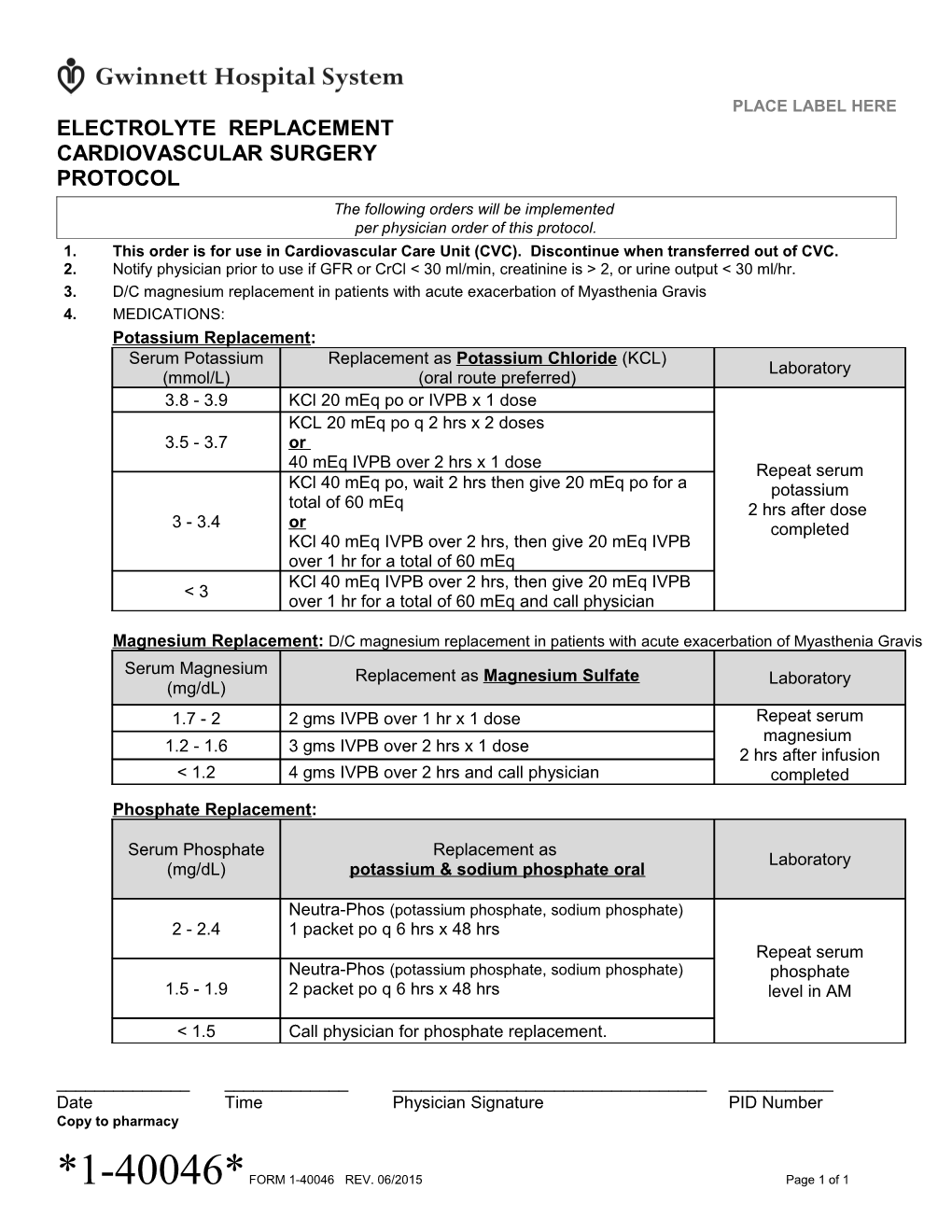 Electrolyte Replacement Cardiovascular Surgery Protocol