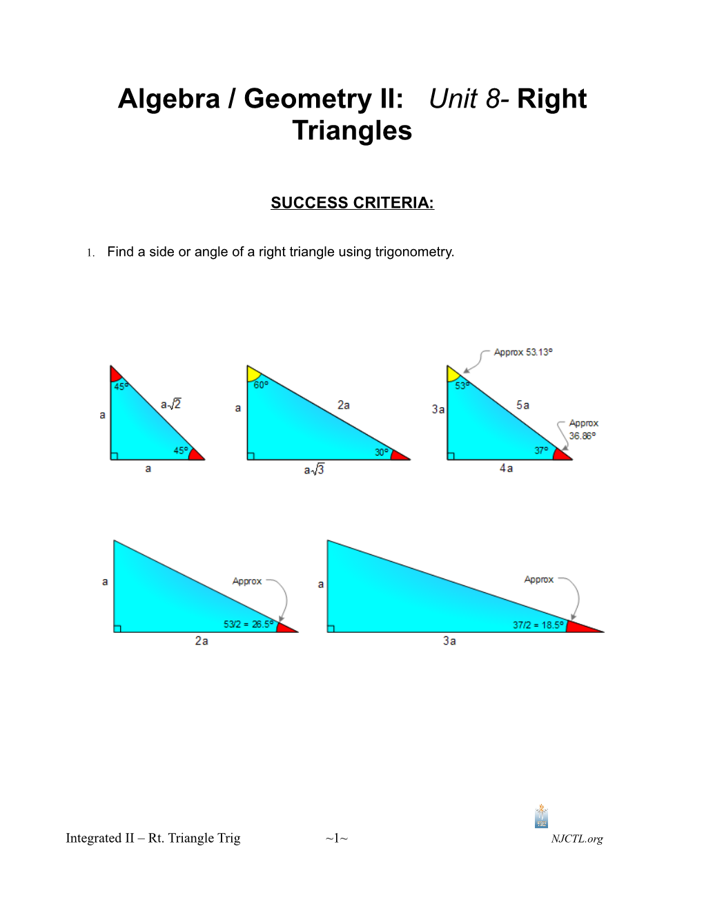 Algebra / Geometry II: Unit 8- Right Triangles