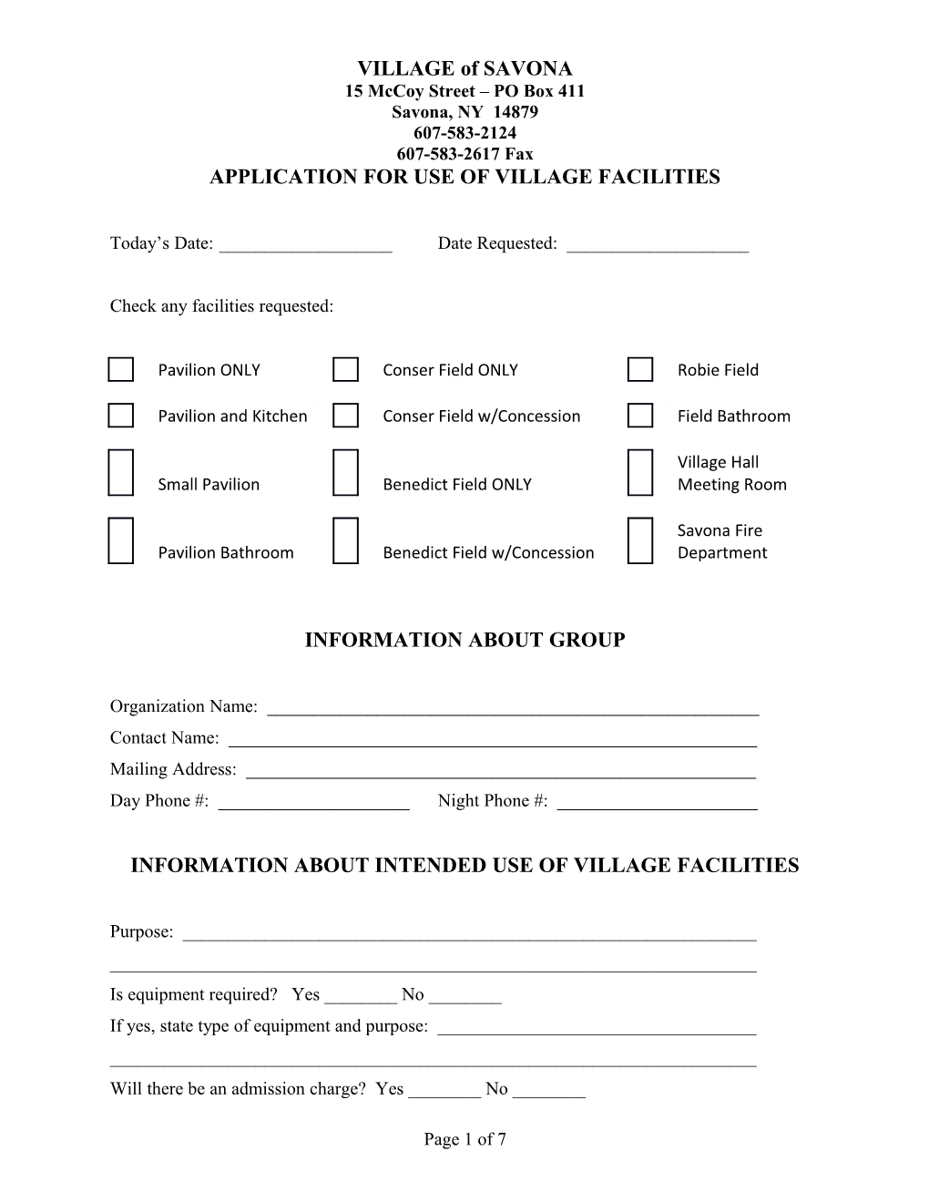 Application for Use of Village Facilities