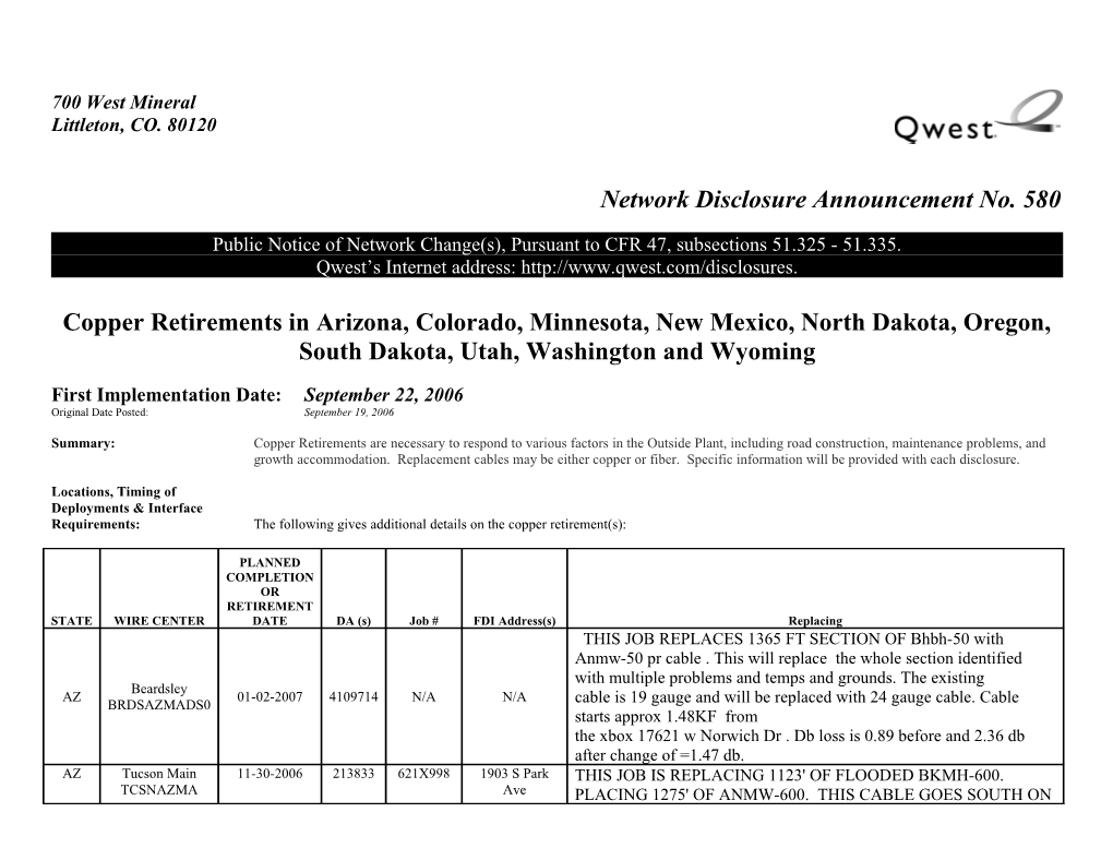 Network Disclosure Announcement No. 580