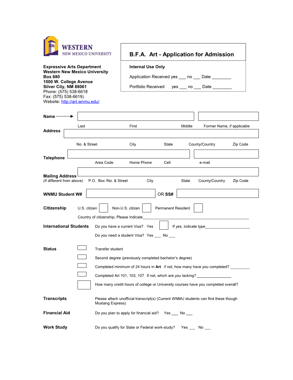 B.F.A. Art - Application for Admission