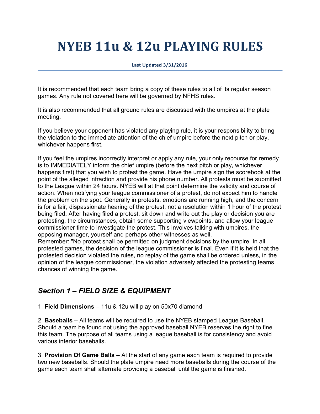 NYEB 11U & 12U PLAYING RULES