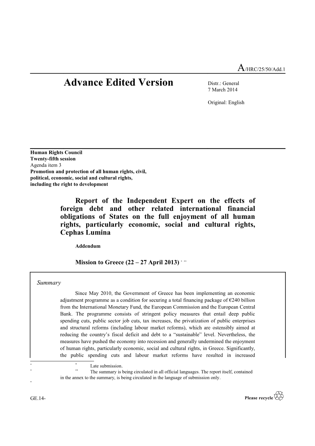 Report of the Independent Expert on the Effects of Foreign Debt - Mission to Greece in English