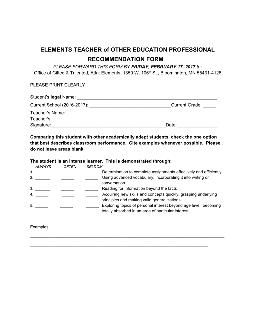 ELEMENTS TEACHER of OTHER EDUCATION PROFESSIONAL RECOMMENDATION FORM