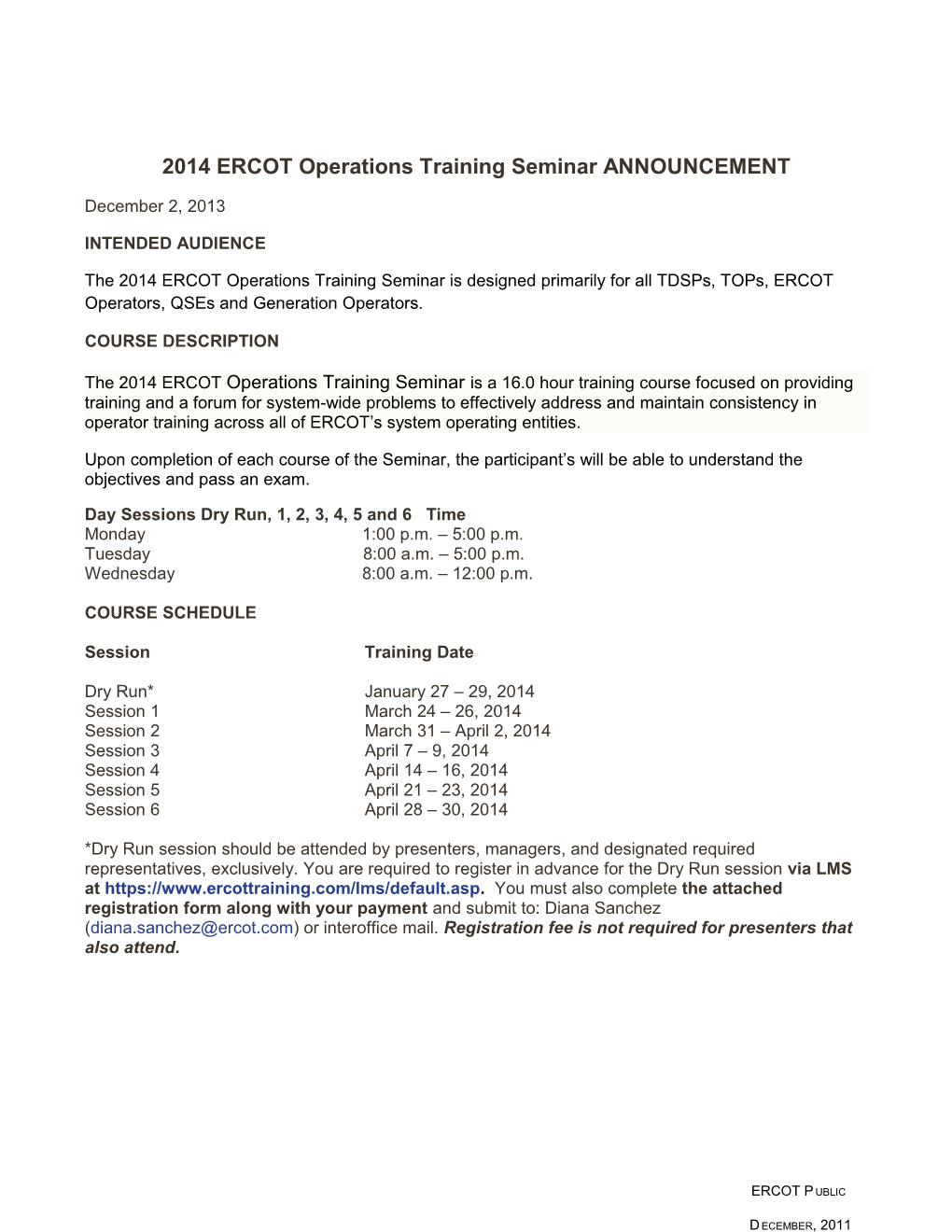 2014ERCOT Operations Training Seminar ANNOUNCEMENT