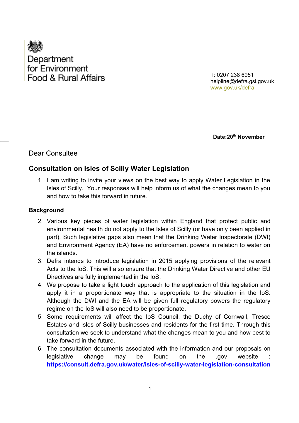 Consultation on Isles of Scilly Water Legislation