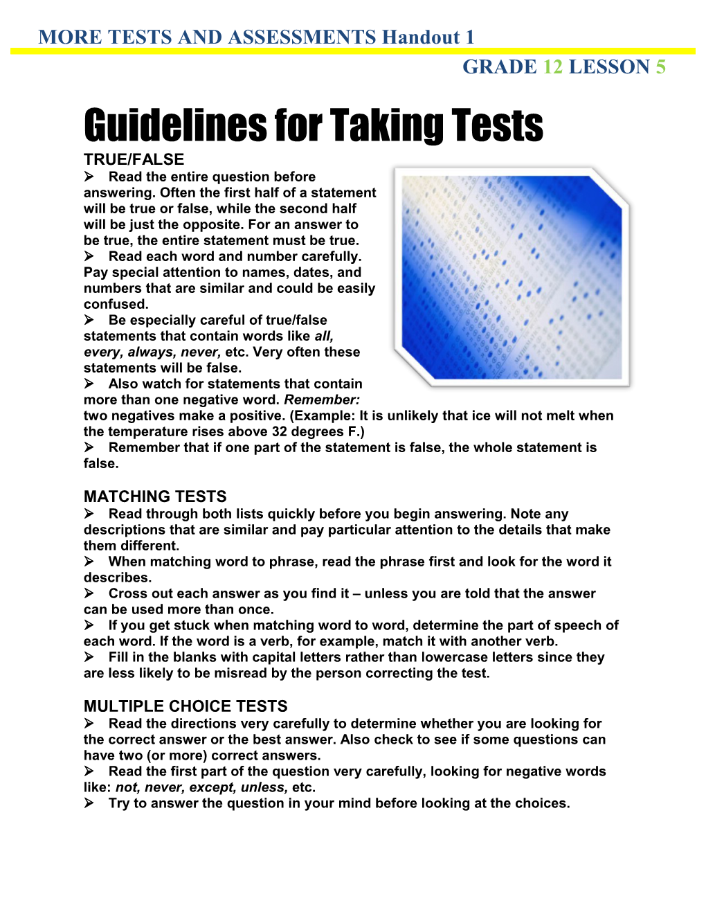 Guidelines for Taking Tests