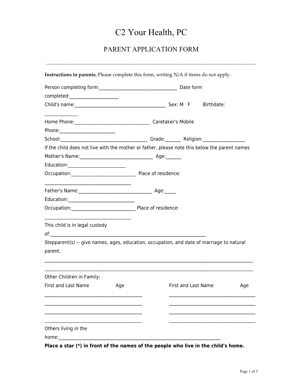 Parent Application Form