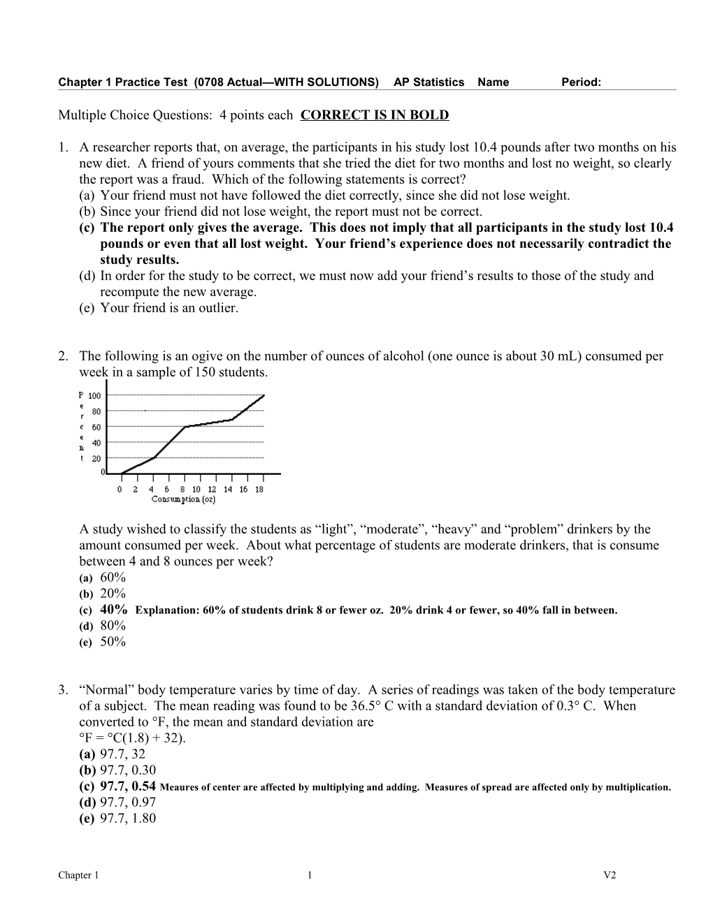 Chapter 1 Practice Test (0708 Actual with SOLUTIONS) AP Statisticsnameperiod