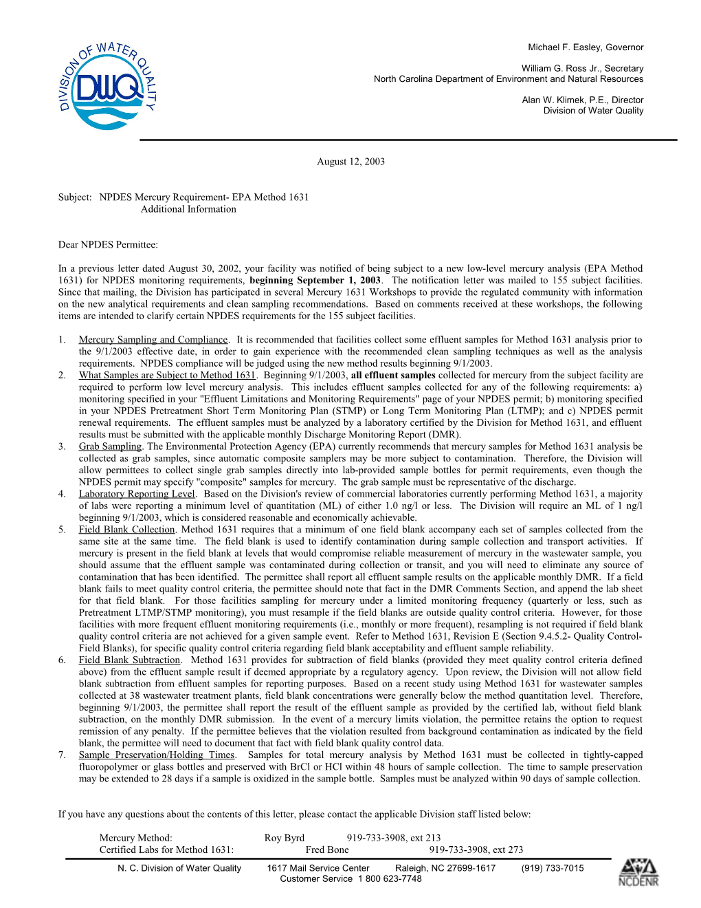 Subject:NPDES Mercury Requirement- EPA Method 1631