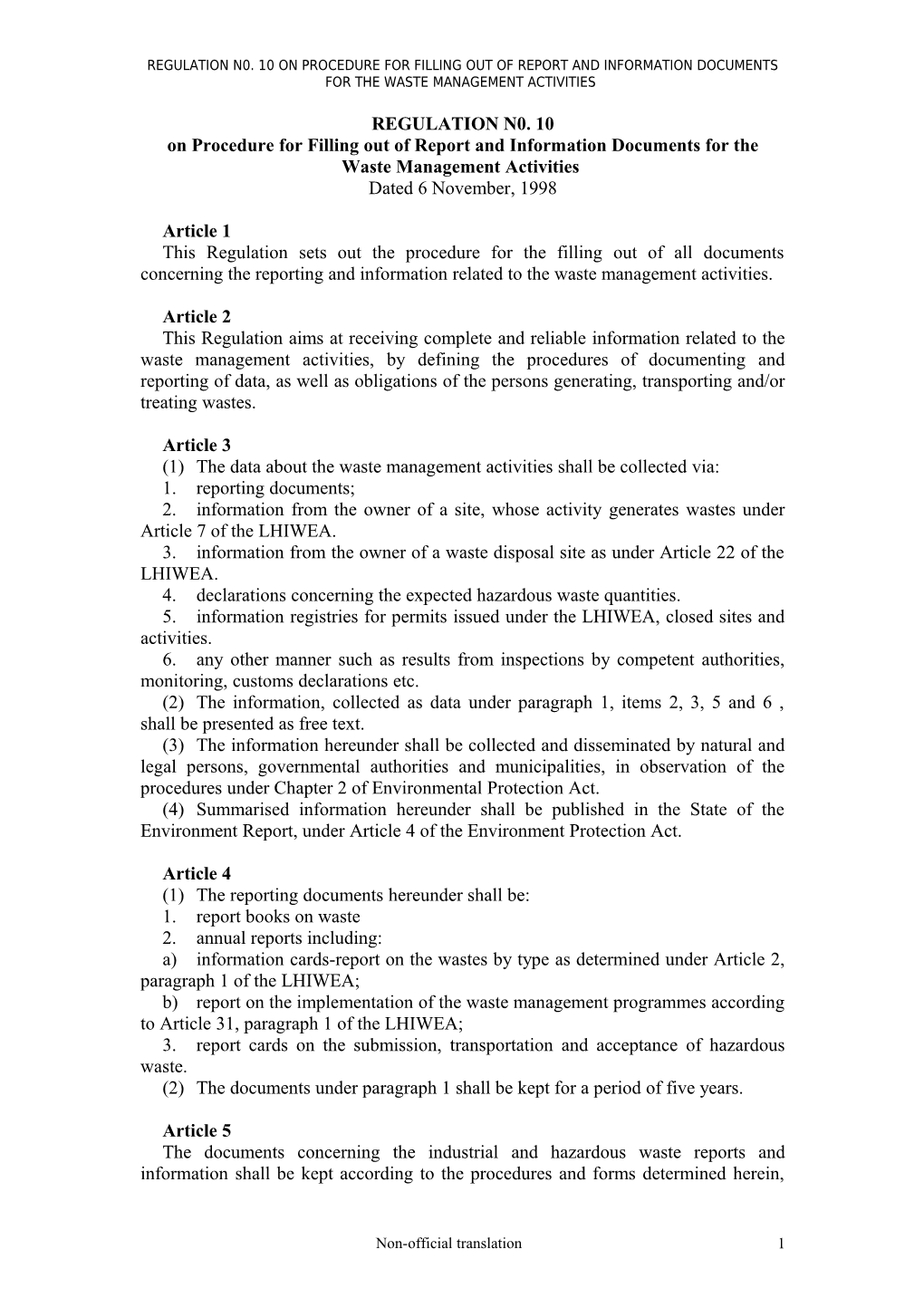 Regulation N0. 10 on Procedure for Filling out of Report and Information Documents For