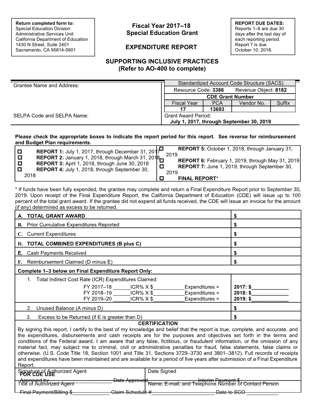 Form-17: Expenditure Report PCA 13693 SIP - Administration & Support (CA Dept of Education)