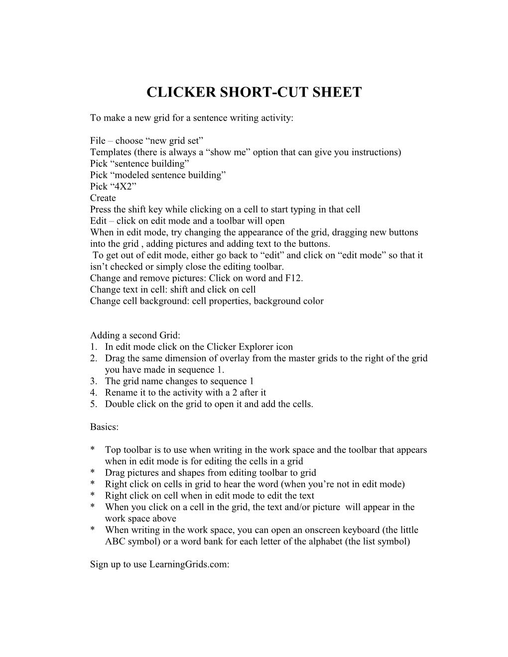 Clicker Short-Cut Sheet