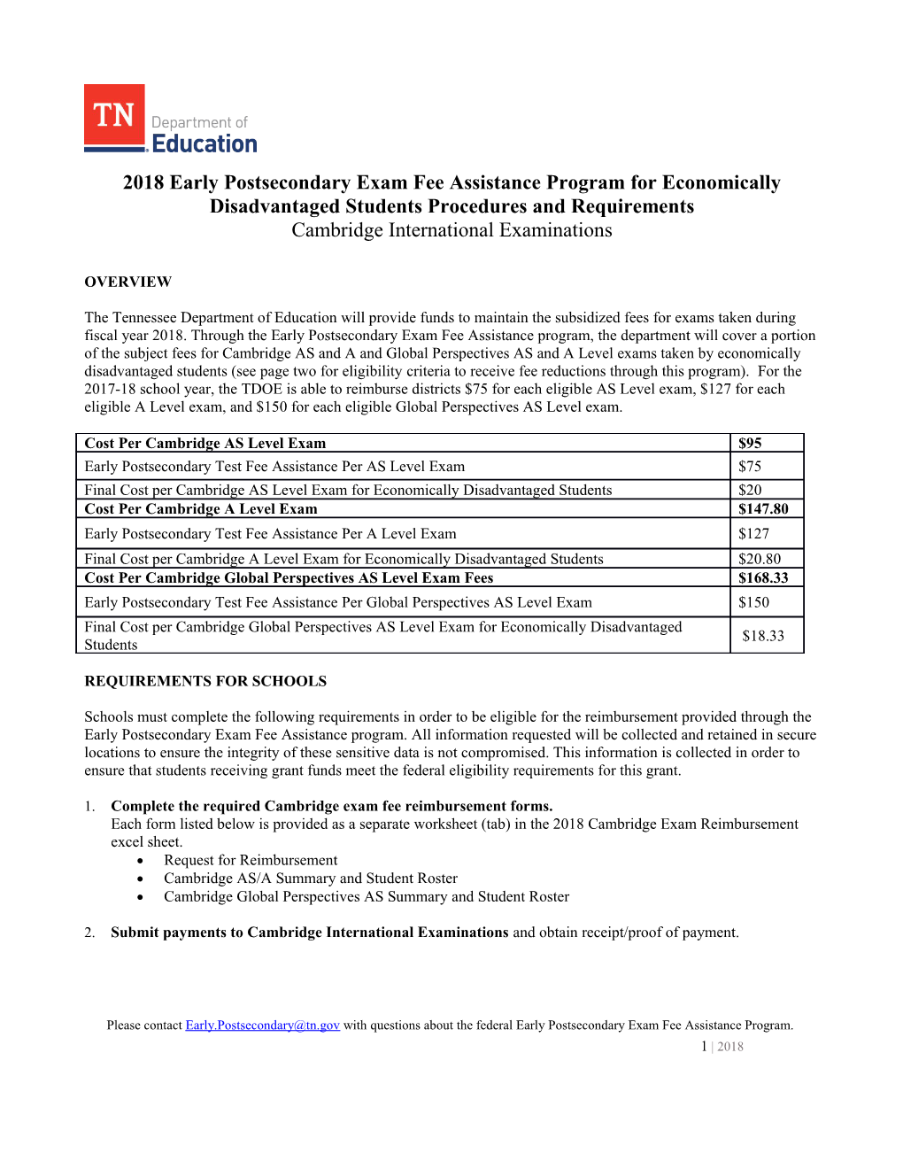 2018 Early Postsecondary Exam Fee Assistance Program for Economically Disadvantaged Students