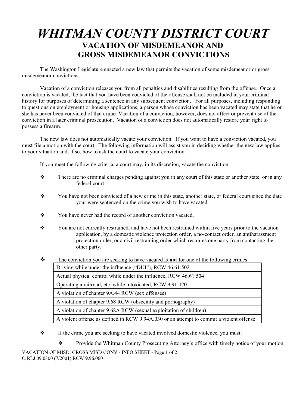 Vacation of Records of Convictions for Misdemeanor and Gross Misdemeanor Offenses