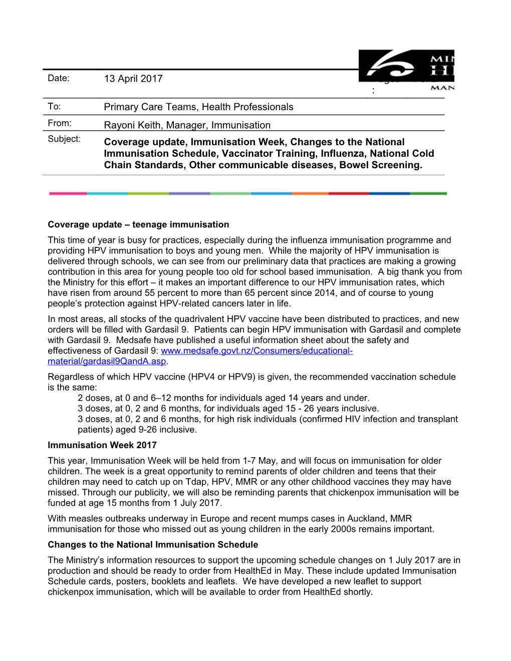 Coverage Update Teenage Immunisation