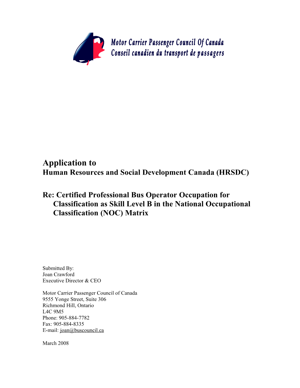 Application to HRSDC Re: National Occupational Classification Matrix