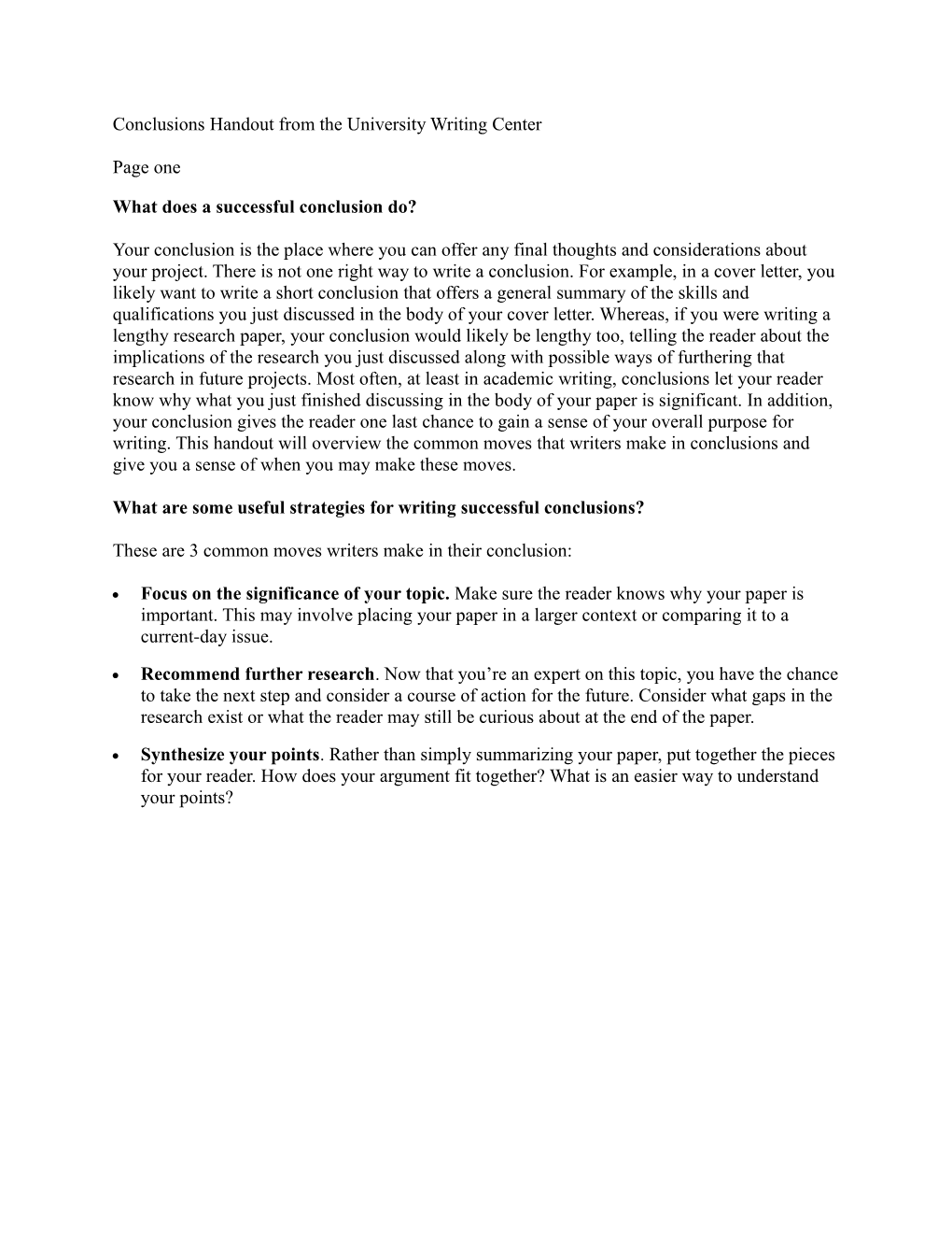 Conclusions Handout from the University Writing Center