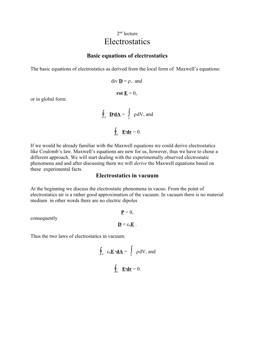 Basic Equations of Electrostatics