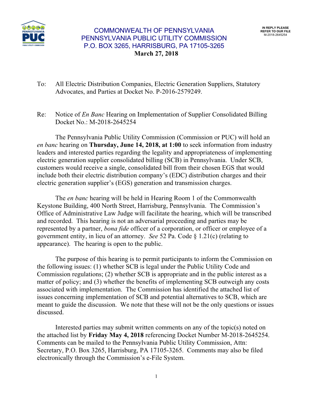 Re:Notice of En Banc Hearing on Implementation of Supplier Consolidated Billing